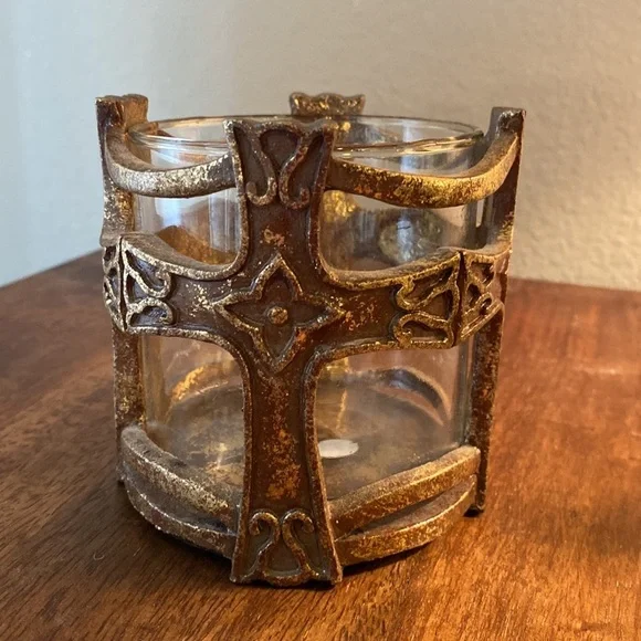 Brown gold bronze candle holder and glass insert home decor with cross design​​ - Picture 2 of 13